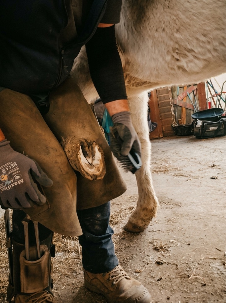 Everyday care — the farrier trimming one of the horses' hooves