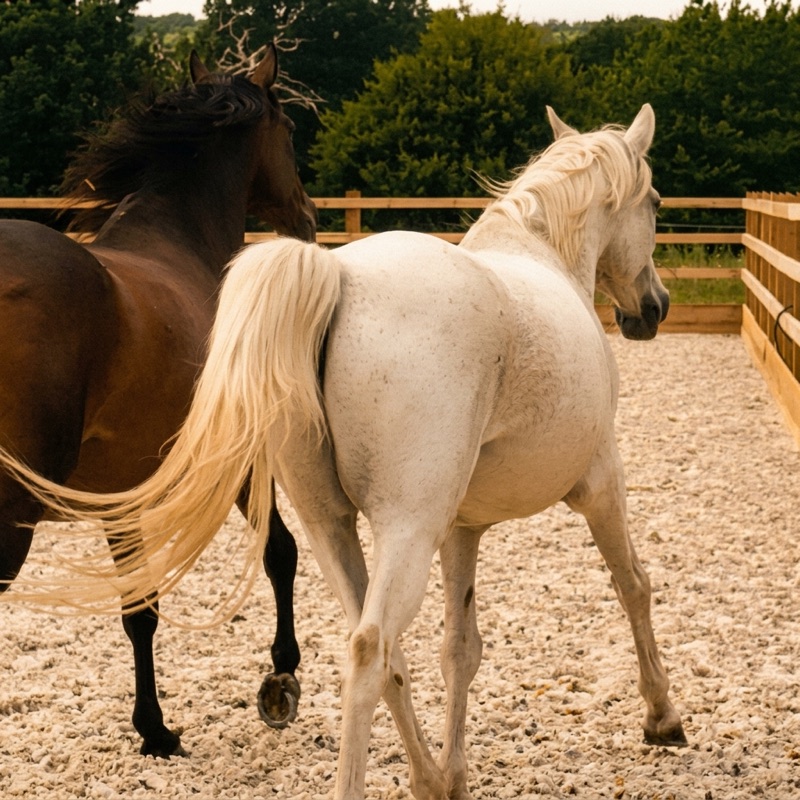 Two rescued horses walking together in warm golden-hour light on the sanctuary fields