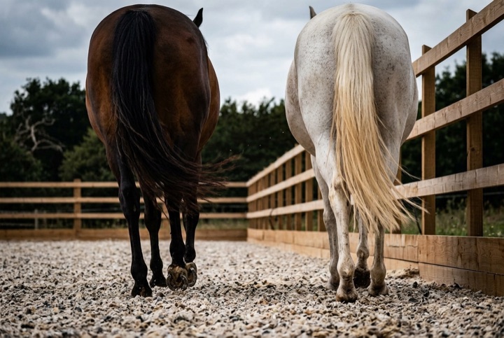 Two horses walking away across the sanctuary grounds, tails flowing