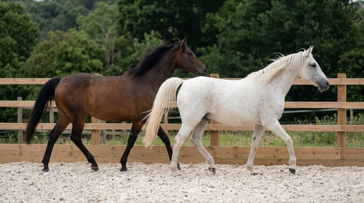 A grey and a bay horse trotting together along the fence line