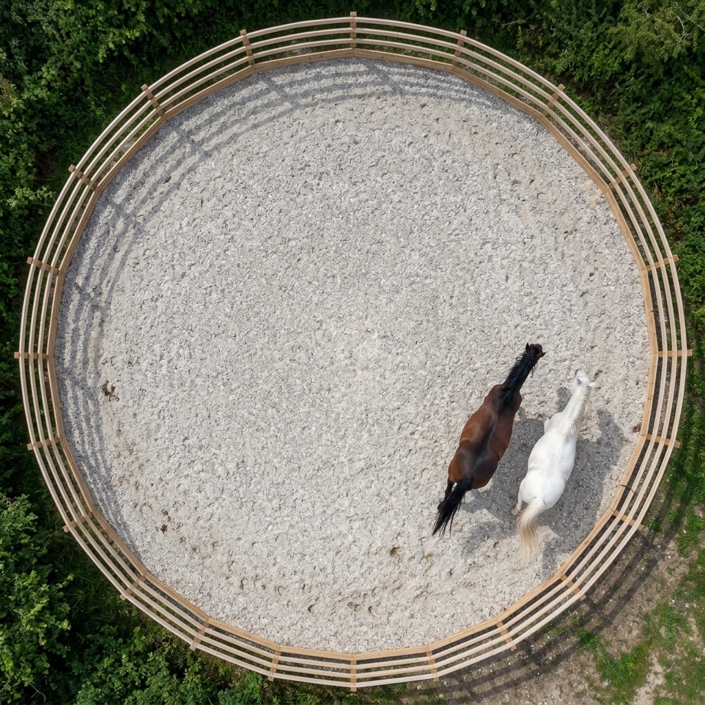 Aerial view of two rescued horses standing together in the sanctuary's circular schooling ring
