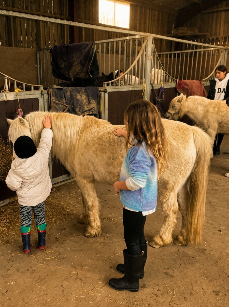 Two children quietly stroking a pale pony in the barn — gentle time on the ground, no riding